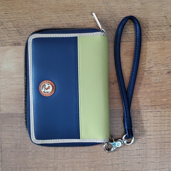 Spartina Navy and Yellow Green Leather Women's Wristlet Wallet - Picture 2 of 10